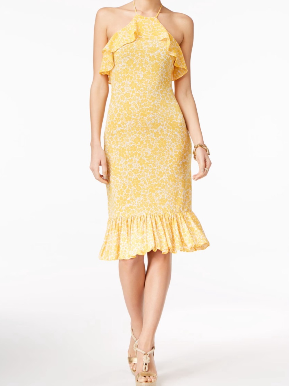 Michael Kors Yellow Floral Ruffle Midi cocktail Dress PXS
